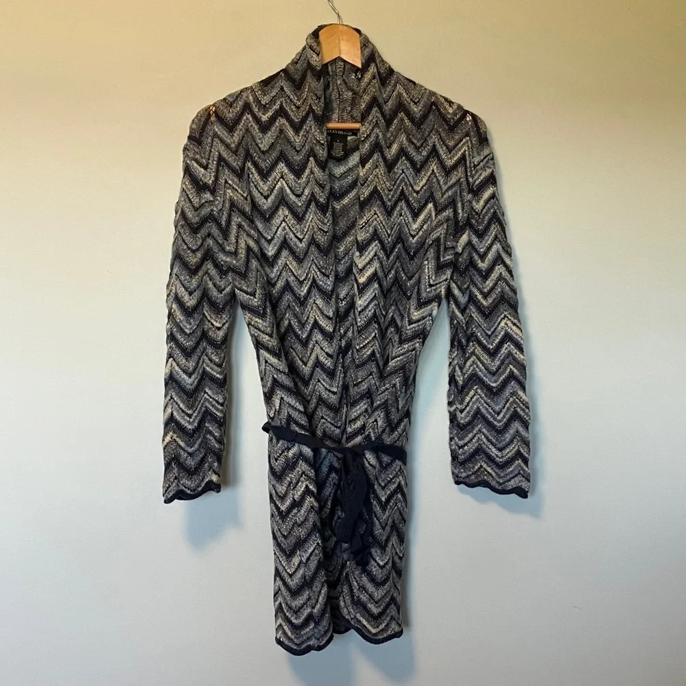 Lucky Brand Chevron Patterned Blue Wool Mohair Blend Cardigan with Belt - Picture 1 of 6